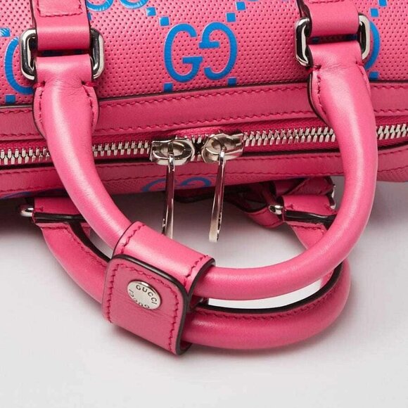 Gucci Pink/Blue GG Perforated Leather Shoulder Duffle Bag - Picture 7 of 12